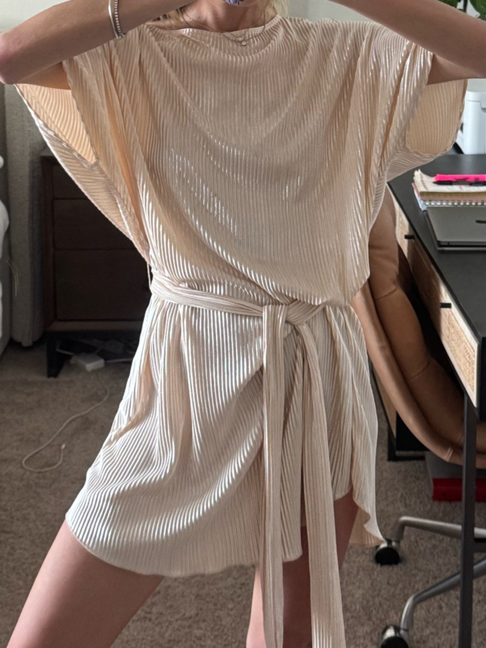 Anthropologie Pleated Metallic Cream Mini Dress